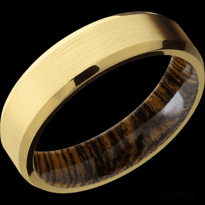 6 mm wide Beveled 18K Yellow Gold band featuring a Bocote sleeve.