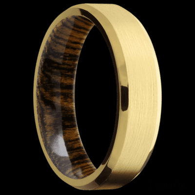 6 mm wide Beveled 18K Yellow Gold band featuring a Bocote sleeve.