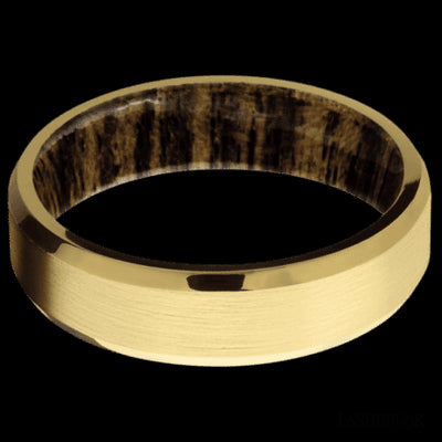 6 mm wide Beveled 18K Yellow Gold band featuring a Bocote sleeve.