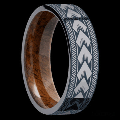 7 mm wide/Flat/Tantalum band with a laser carved Maori pattern also featuring a Koa sleeve.