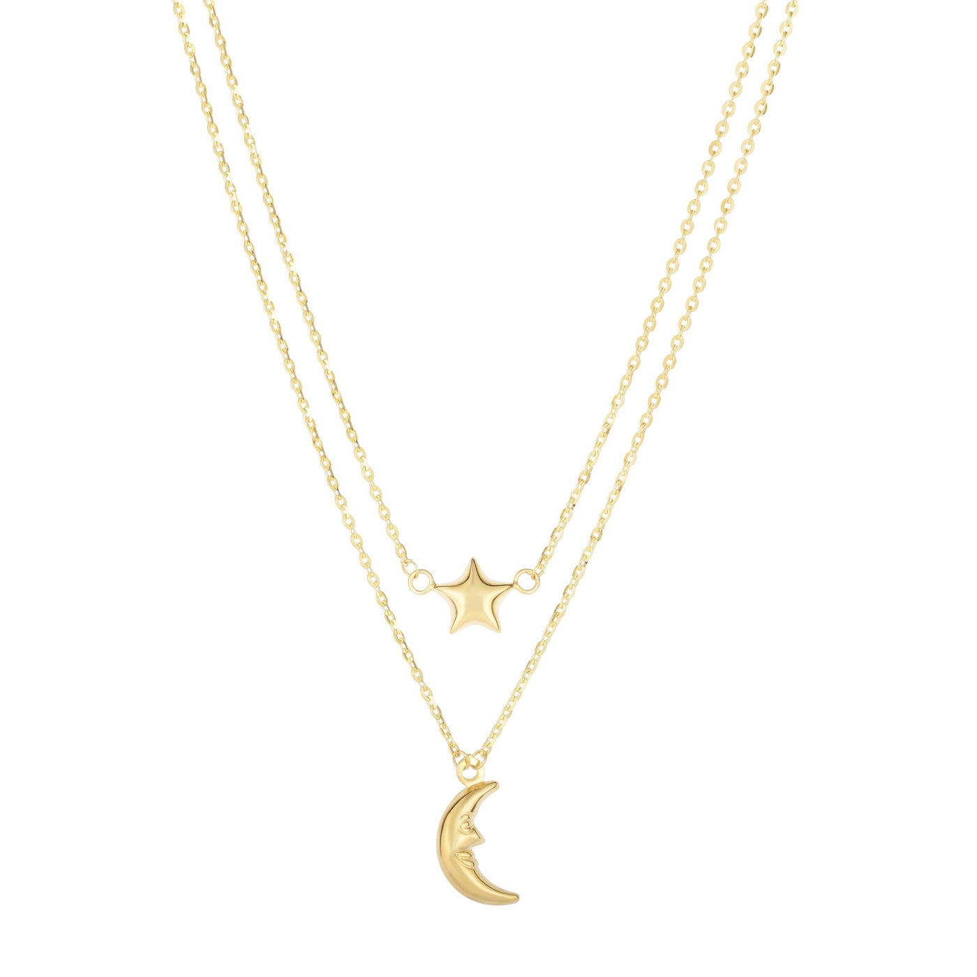 14K Gold Polished Moon & Star Multi-Strand Necklace