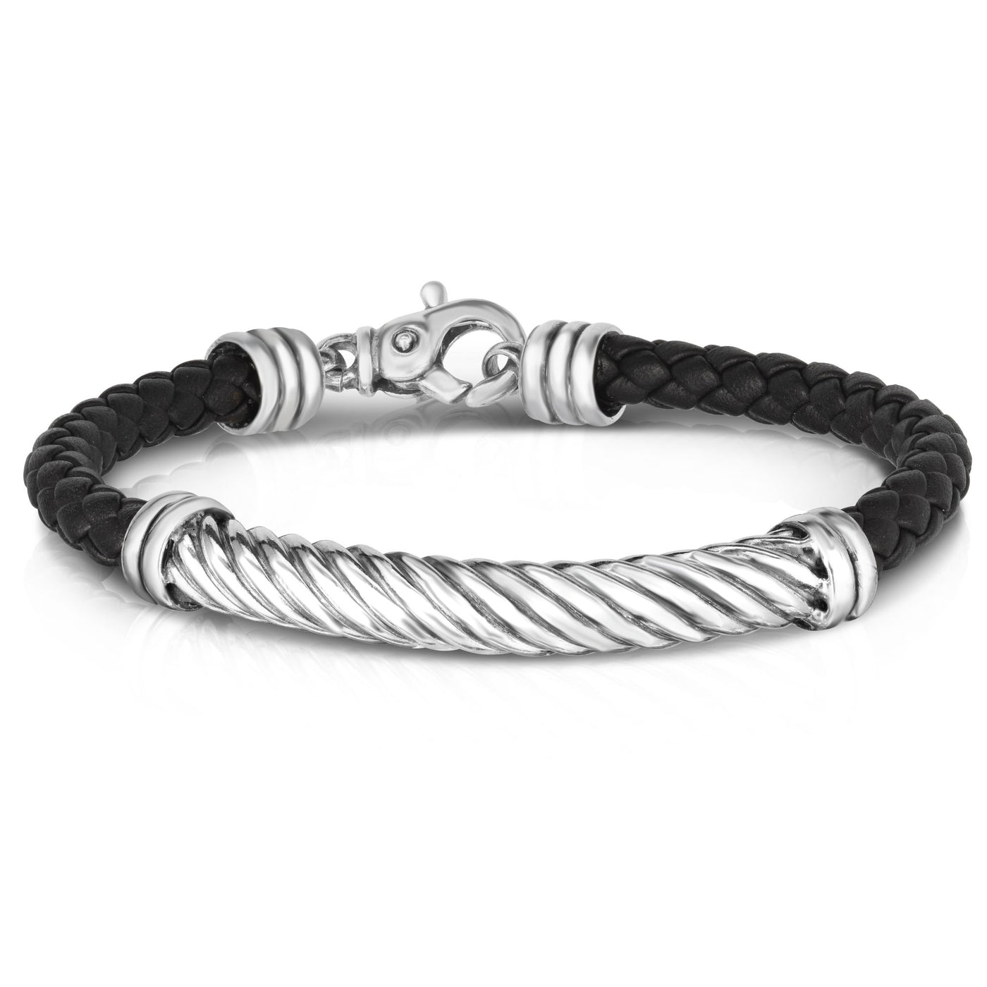 Sterling Silver Mens Twisted Cable Leather Bracelet