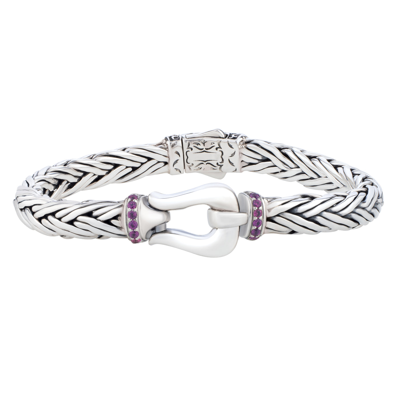 Silver Rhodolite Woven Palmier Hook Bracelet