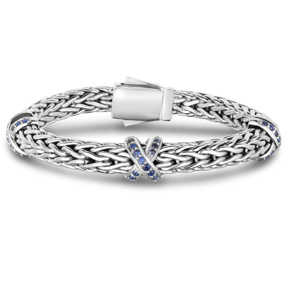 Sterling Silver Woven X Blue Sapphire Bracelet