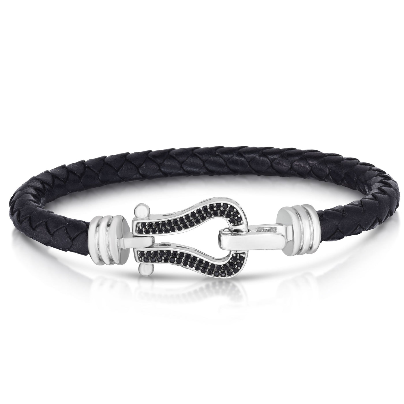 Silver Leather Black Diamond Buckle Bracelet