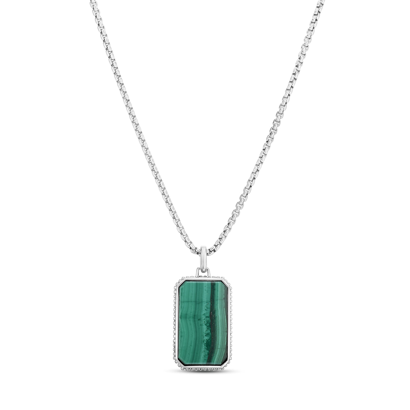 Mens Silver Malachite Tag Necklace