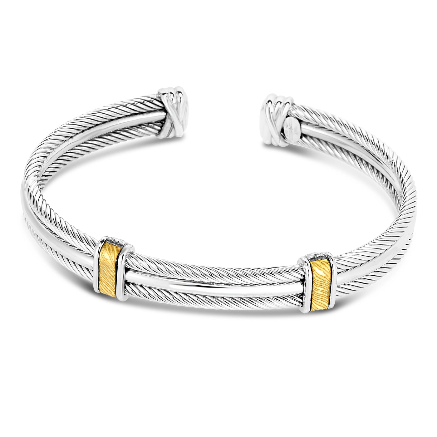 Sterling Silver, 18K Gold Triple Strand Cable Mens Cuff