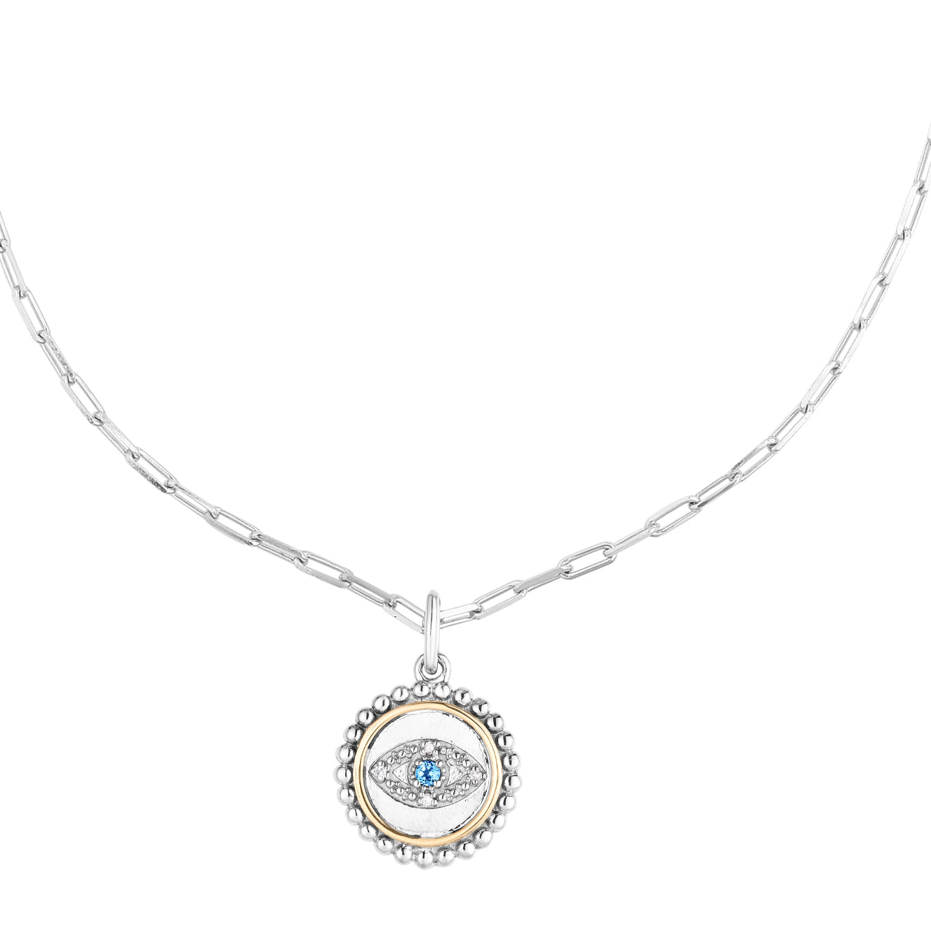 18K Gold & Silver  Round Evil Eye Pendant with Paperclip Necklace