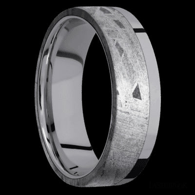 7 mm wide/Flat/Tantalum band with one 5 mm Off Center Edge inlay of Meteorite.
