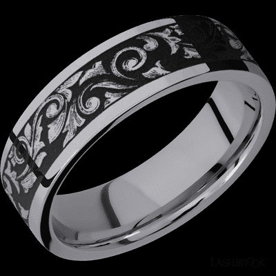 7 mm wide/Flat/Tantalum band with a laser carved Western Scroll pattern.