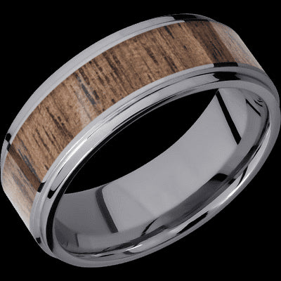 8 mm wide/Flat Grooved Edges/Tantalum band with one 5 mm Centered inlay of Walnut.