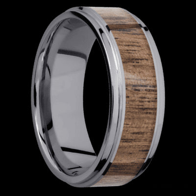8 mm wide/Flat Grooved Edges/Tantalum band with one 5 mm Centered inlay of Walnut.