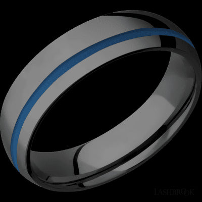 6 mm wide/Domed/Zirconium band with one 1 mm Off Center inlay of Ridgeway Blue.