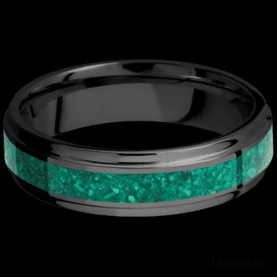 6 mm wide/Flat Grooved Edges/Zirconium band with one 3 mm Centered inlay of Malachite.