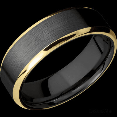 7 mm wide/Beveled/Zirconium band with two 1 mm Edge inlays of 14K Yellow Gold.