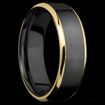 7 mm wide/Beveled/Zirconium band with two 1 mm Edge inlays of 14K Yellow Gold.