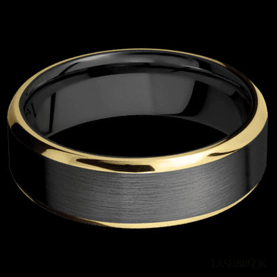 7 mm wide/Beveled/Zirconium band with two 1 mm Edge inlays of 14K Yellow Gold.