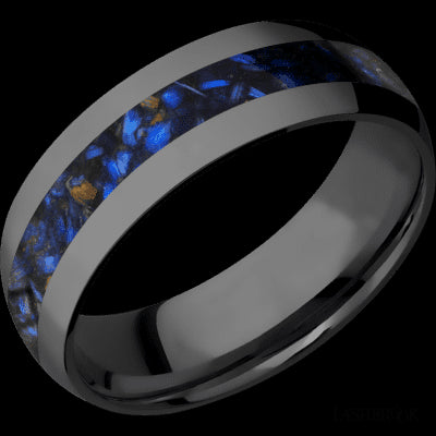 7 mm wide/Domed/Zirconium band with one 3 mm Centered inlay of Blue Tiger Eye.