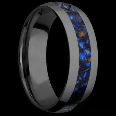 7 mm wide/Domed/Zirconium band with one 3 mm Centered inlay of Blue Tiger Eye.