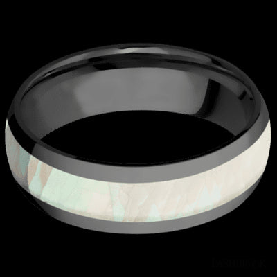 7 mm wide/Domed/Zirconium band with one 4 mm Centered inlay of Freshwater Mother of Pearl.