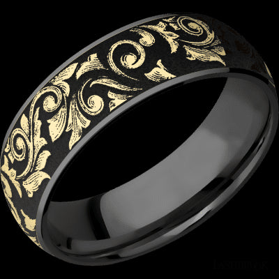 7 mm wide/Domed/Zirconium band with one 6 mm Centered inlay of 14K Yellow Gold with a laser carved Western Scroll pattern.