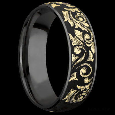 7 mm wide/Domed/Zirconium band with one 6 mm Centered inlay of 14K Yellow Gold with a laser carved Western Scroll pattern.