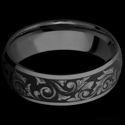 7 mm wide/Domed/Zirconium band with a laser carved Western Scroll pattern.