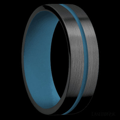 7 mm wide/Flat/Zirconium band with one 1 mm Centered inlay of Royal Blue also featuring a Royal Blue sleeve.