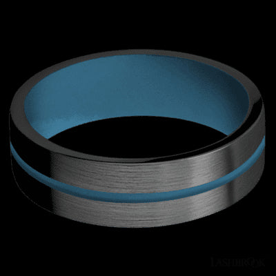 7 mm wide/Flat/Zirconium band with one 1 mm Centered inlay of Royal Blue also featuring a Royal Blue sleeve.