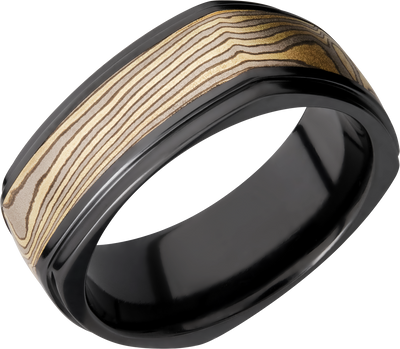 Zirconium 8.5mm flat square band with an inlay of Mokume Gane and grooved edges