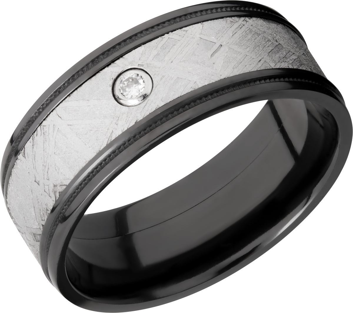 Zirconium 8.5mm flat band with reverse milgrain around an inlay of authentic Gibeon meteorite and white diamond accent