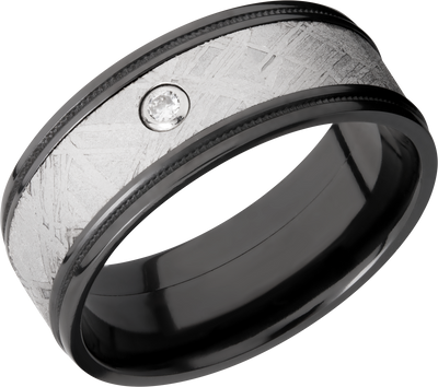 Zirconium 8.5mm flat band with reverse milgrain around an inlay of authentic Gibeon meteorite and white diamond accent