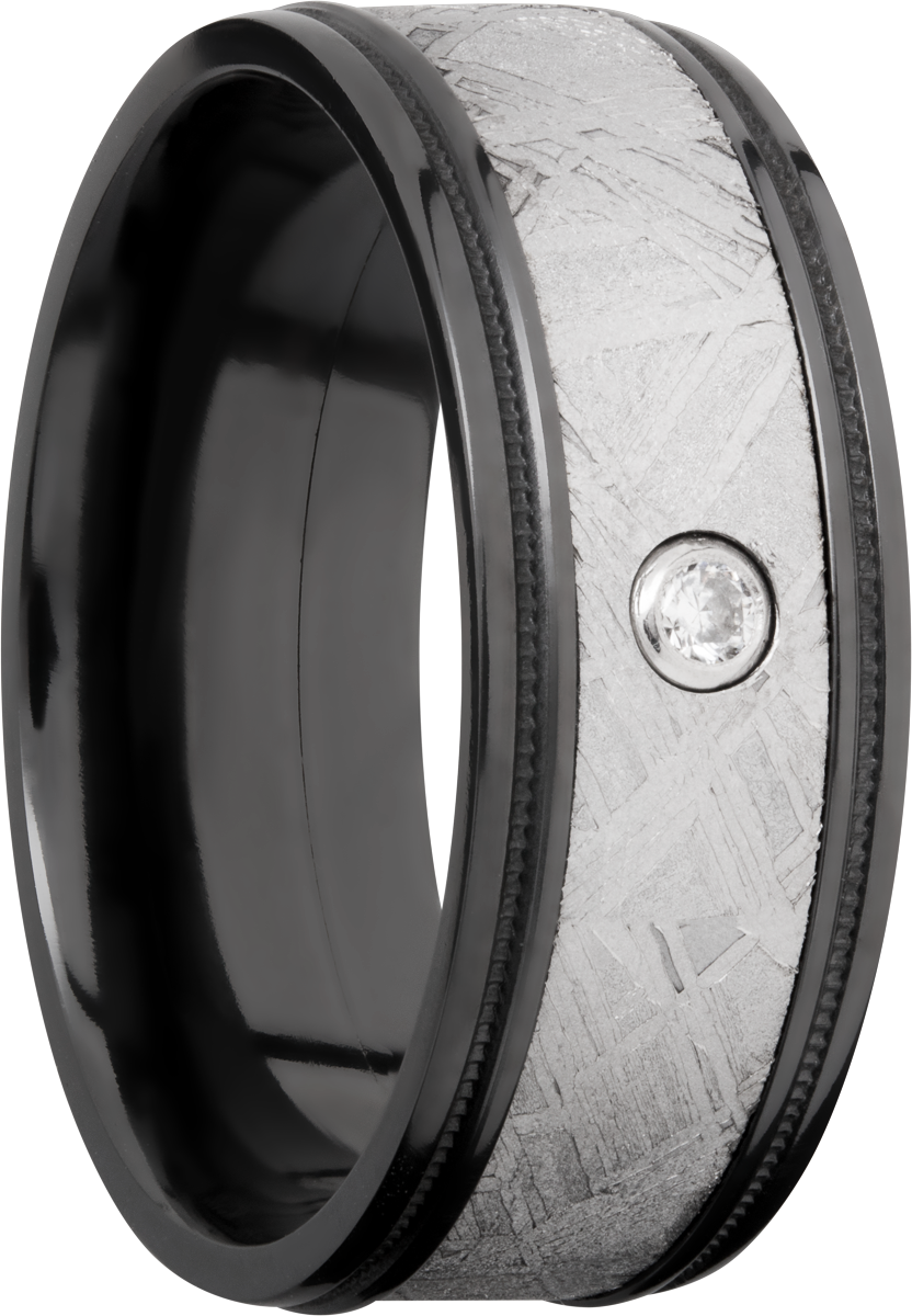 Zirconium 8.5mm flat band with reverse milgrain around an inlay of authentic Gibeon meteorite and white diamond accent