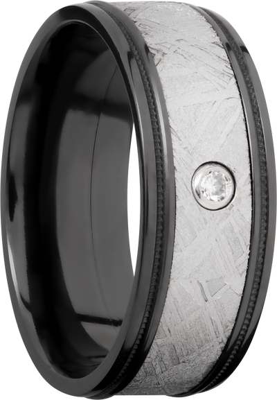 Zirconium 8.5mm flat band with reverse milgrain around an inlay of authentic Gibeon meteorite and white diamond accent