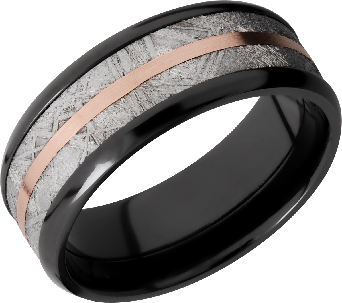 Zirconium 8mm beveled band with an inlay of authentic Gibeon Meteorite and a 14K rose gold inlay