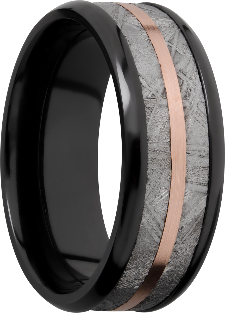 Zirconium 8mm beveled band with an inlay of authentic Gibeon Meteorite and a 14K rose gold inlay