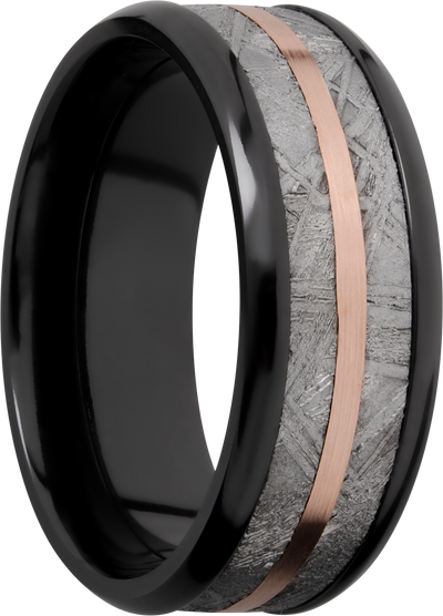 Zirconium 8mm beveled band with an inlay of authentic Gibeon Meteorite and a 14K rose gold inlay