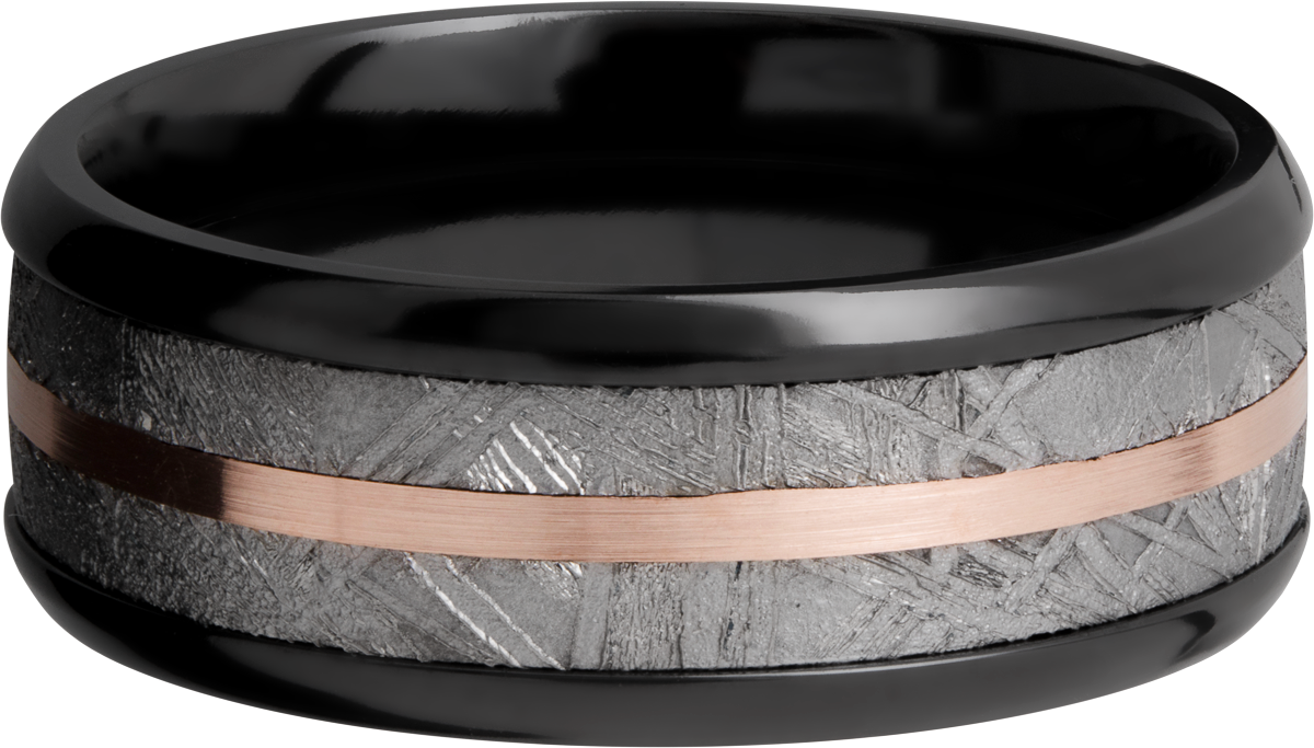 Zirconium 8mm beveled band with an inlay of authentic Gibeon Meteorite and a 14K rose gold inlay