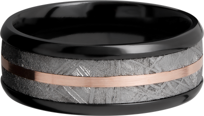 Zirconium 8mm beveled band with an inlay of authentic Gibeon Meteorite and a 14K rose gold inlay