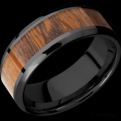 8 mm wide/Beveled/Zirconium band with one 5 mm Centered inlay of Desert Iron Wood.