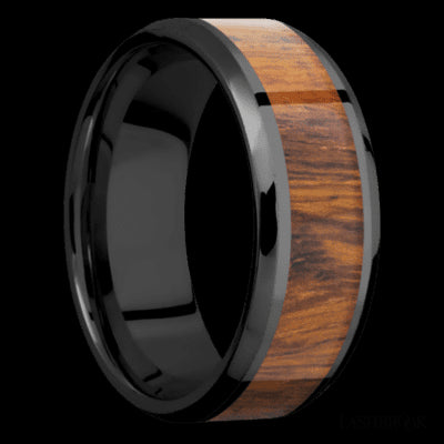 8 mm wide/Beveled/Zirconium band with one 5 mm Centered inlay of Desert Iron Wood.