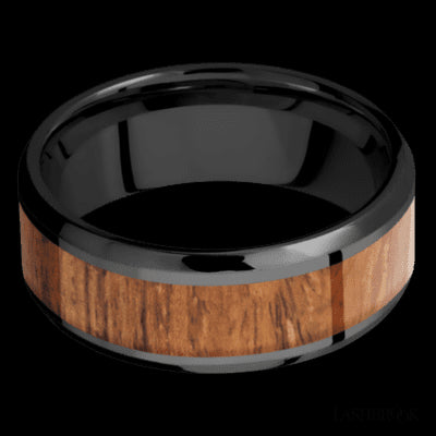 8 mm wide/Beveled/Zirconium band with one 5 mm Centered inlay of Desert Iron Wood.