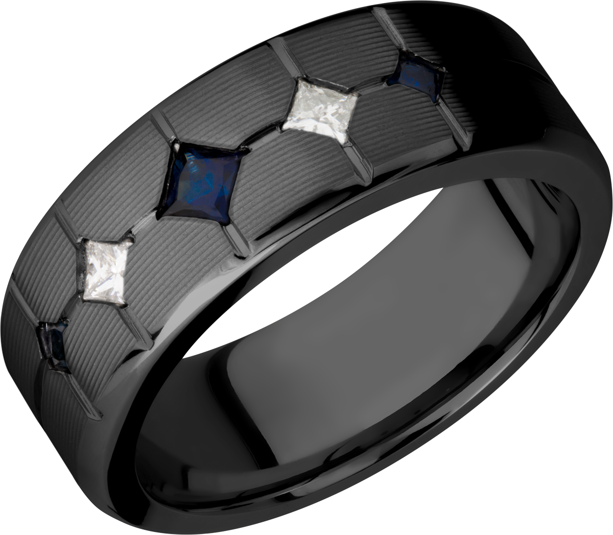 Zirconium 8mm beveled band with 3 sapphires and 2 diamonds