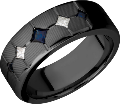 Zirconium 8mm beveled band with 3 sapphires and 2 diamonds