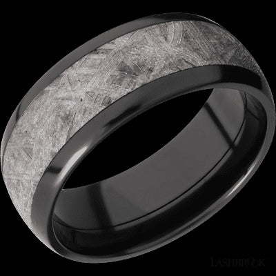 8 mm wide/Domed/Zirconium band with one 5 mm Centered inlay of Meteorite.