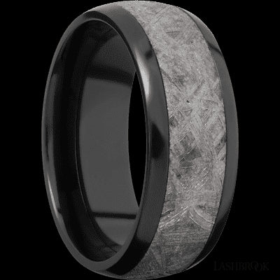 8 mm wide/Domed/Zirconium band with one 5 mm Centered inlay of Meteorite.