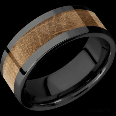 8 mm wide/Flat/Zirconium band with one 5 mm Centered inlay of Whiskey Barrel.