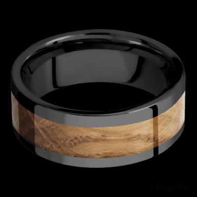 8 mm wide/Flat/Zirconium band with one 5 mm Centered inlay of Whiskey Barrel.