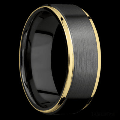 8 mm wide/Flat Grooved Edges/Zirconium band with two 1 mm Edge inlays of 14K Yellow Gold.