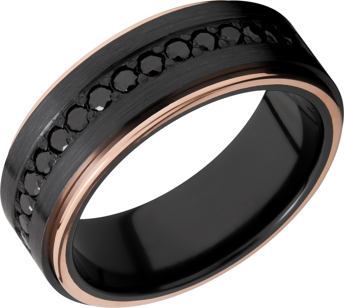 Zirconium 8mm flat band with 14K rose gold grooved edges and 16, .04ct bead-set eternity black diamonds